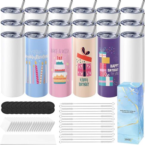 Hiipoo 18 Pack Sublimation Tumblers Blank 20 oz Straight Skinny with Sublimation Papers, Lids and Straws, Shrink Wrap Films, Stainless Steel Double Wall Insulated Tumbler for Mug Press Machine in Kuwait