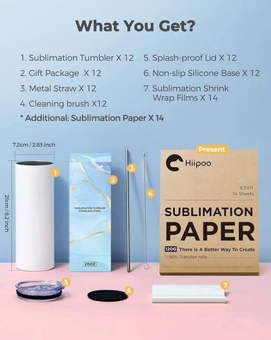 Hiipoo 18 Pack Sublimation Tumblers Blank 20 oz Straight Skinny with Sublimation Papers, Lids and Straws, Shrink Wrap Films, Stainless Steel Double Wall Insulated Tumbler for Mug Press Machine in Kuwait