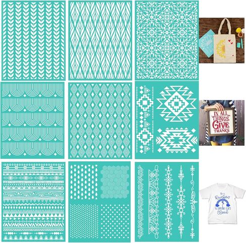 BAOFALI 9Pcs/Set Background Silkscreen Stencil,Reusable Self-Adhesive Silk Screen Printing, for Decor/Printing on Wood/Fabric/Wall/Cup/Plate/Glass/Paper, Home Festival Decorations Pattern (8x10inch) in Saudi Arabia