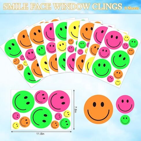 Whaline 9 Sheets Happy Smile Face Window Clings Cute Yellow Happy Face Window Decal Double-Sided Cartoon Window Stickers Reusable for Home School Office Nursery Decor in Saudi Arabia