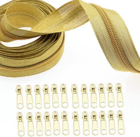#5 Antique Brass Metallic Nylon Coil Zippers by The Yard Bulk Brown Zipper Tape 10 Yards with 25Pcs Pulls for DIY Sewing Craft Bags YIGUANXIN in Saudi Arabia