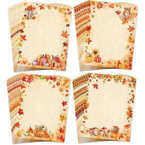 AnyDesign 60Sheet Fall Stationery Paper Autumn Leaves Letterhead 4 Design Thanksgiving Watercolor Letter Printed Writing Paper for Office School Wedding Party Favors, 8.5 x 11In