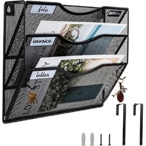 Wall File Organizer, 3 Tire Hanging File Folder Mail Organizer, Vertical Mesh Metal Door/Wall Mount Hanging File Holder, Paper Document Magazine Rack with Hooks for Home Office Black in Saudi Arabia