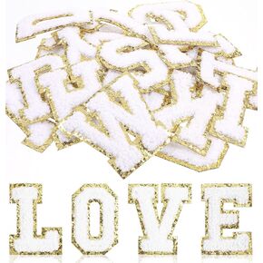 Fabric Letters Iron on, 26 Pcs Iron on Chenille Letters, Chenille Letter Patches, White Chenille & Gold Letters, White Chenille Letters for DIY Hats, Backpacks, Jeans, Coat, Fabric, A-Z (2.17" White)