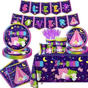Slumber Party Decorations,142pcs Sleepover Tableware Pajama Party Decorations Include Sleepover Plates and Napkins Plastic Slumber Tablecloth for Girls sleep over tents party Pajama Party supplies