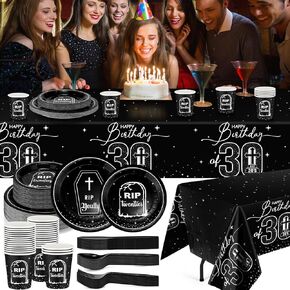 Yaomiao 146 Pcs Rip to My 20s Birthday Decorations Tableware 30th Happy Birthday Disposable Tablecloth, Paper Cup, Plates Set for 24 Guests Women Men 40th Birthday Party Supplies