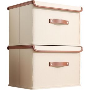 2 Pack Fabric Storage Bins with Lids, Collapsible Storage Boxes for Clothing, Closet Organizers for Organizing Clothes, Books, File, White