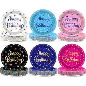 72PCS Happy Birthday Plates Birthday Party Supplies Confetti Tableware Colorful Stars Plates Disposable Plate Dessert Paper Plates for Boys Girls Kids Baby Shower Favors Decors 7inch
