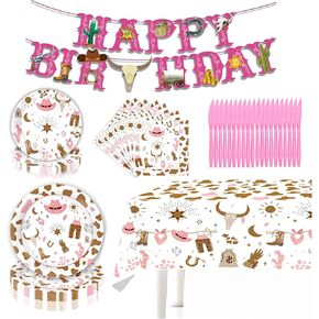 82Pcs Western Cowgirl Birthday Party Decorations Cowgirl Party Supplies Include Birthday Banner Plate Napkin Tablecloth Knives for Wild West Cowgirl Theme Birthday Party Decorations Dinnerware