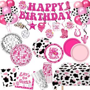 131 PCS Cowgirl Birthday Party Decorations Disco Cowgirl Party Decorations - Includes Plates, Napkins, Cups, Banner, Hanging Swirl, Tablecloth, Balloon for Western Cowgirl Party Decorations, Serve 24