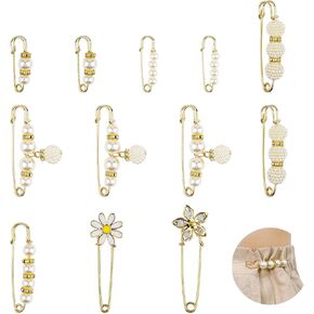 12PCS Pearl Brooch Pins for Women, Artificial Pearls Brooch Elegant Pearl Cardigan Collar Brooch Clips, Safety Pins for Clothes Dress Pants Skirt Cardigan