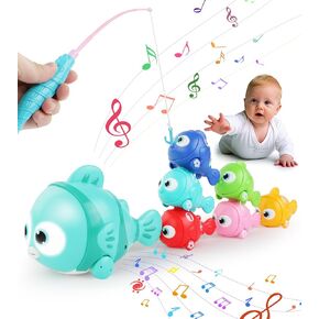 Montessori Fishing Toy Set for Toddlers, Car Trains Set with 6 Fish, Musical and Lighting Interactive Toy for Baby Infant, Montessori Learning STEM Toy Gift