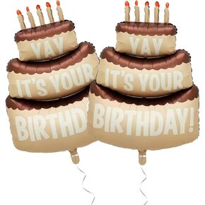 2PCS Happy Birthday Cake Foil Balloons, 40" Large Three-Layer Mylar Birthday Balloons, Yay Balloon for Girls Boys Kids Baby Shower Party Decorations, Brown
