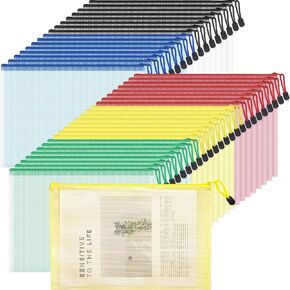 Mesh Zipper Pouch Bags, 40 Pieces Colorful A4 Letter Size Waterproof Travel and Transparent Mesh Zipper, Zipper Pouch for Storing & Organizing, Files & Documents