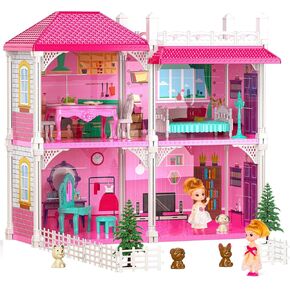 TEMI Villa Toys for 3 4 5 6 7 8 Years Old Girls - 4 Storeys 12 Rooms, Indoor Playset with 2 Dolls Toy Figures, Toys Furniture and Accessories, Pretend Girls Plays, Building Toys, Gifts Toy