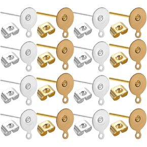 200pcs Stainless Steel Earrings Posts Flat Pad with Loop and 200pcs Butterfly Earring Backs for Earring Making,Gold & Silver
