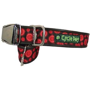 Bottle Opener Recycled Dog Collar with Metal Buckle - Red Space Dots - Medium