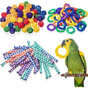 Hiboom 200 Pcs Bird Toys with 100 Finger Traps 60 Rattan Balls Parrot Wicker Balls and 40 Bird Vine Rings, Cockatiel Toys Parakeet Chewing Toys Pet Cage Toys for Budgies, Cockatoos, Parakeets