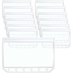 Mogoostry 12pcs A8 Binder Pockets Clear Ziplock Pocket 5 Holes Transparent Plastic Binder Pouches Flat Sealing Zipper Storage Bag Mini Cash Envelopes
