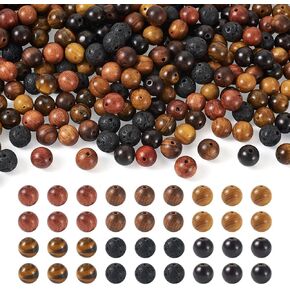KISSITTY 300Pcs 6 Style Natural Wood Round Gemstone Beads Kit 8~8.5mm Including Lava Rock Beads & Grade AB Tiger Eye Wood Beads Natural Polished Wooden Ball Loose Beads for Men Bracelet Jewelry Making