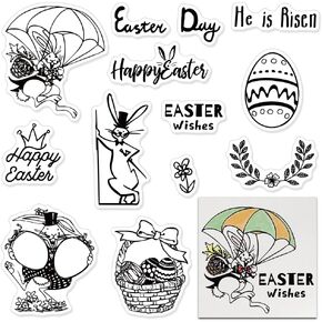 Easter Rabbit Egg Background Clear Stamps for Card Making Decoration and Scrapbooking Supplies, Happy Easter Words Transparent Rubber Stamps for Paper Card Photo Album Crafting Supplies