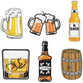 6Pcs Beer Iron On Patches Whiskey Cheers Mug Glass Bottle Alcoholic Drink Sew on Repair Embroidered Applique Oktoberfest German Bavarian Munich Festival DIY Craft Gift for Clothing Backpack Hat