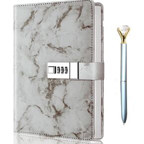 Marble Diary with Lock and Pen, Refillable A5 Daily Journal for Girls and Women, 192 Pages Cute Notebook with Combination Lock and Diamond Pen for Teen Girls and Boys - Pink