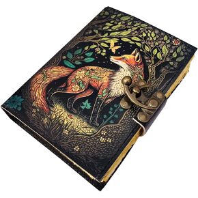 KMAAC Fox Leather Journal for Men and Women, 200 Pages, Antique Large Vintage Bound Writing Gift Book of Shadows Journals Deckle Edge Paper Antique Printed Notebook Journal (7x5)