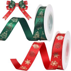 Christmas Ribbon 5/8" Gold Snowflake Red Ribbons for Crafts Gold Xmas Tree Green Single Face Satin Ribbon for Gift Wrapping Crafts Christmas Decoration 2 Rolls 20 Yards