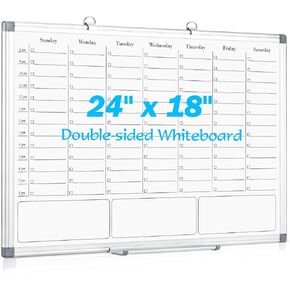 White Board Dry Erase Board for Wall, Magnetic Whiteboard Calendar 24" X 18", Weekly Calendar Whiteboard with Hourly Time Slots, Hanging Double-Sided White Board for Office, School, Home