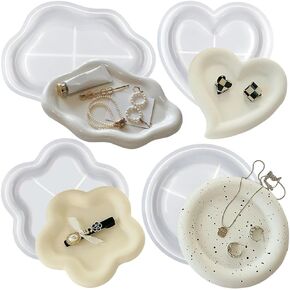 4Pcs Cartoon Cloud Flower Heart Round Jewelry Tray Silicone Molds for Resin Kit DIY Epoxy Resin Molds Jewelry Dish Silicone Mold Snack Tray Resin Mold Coaster Mold Plaster Concrete Molds for Crafts