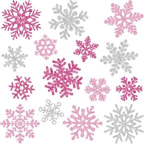45Pcs Winter Christmas Cutouts Glitter Pink Silver Snowflake Paper Cut-Outs Xmas Bulletin Board Decor with 100Pcs Glue Points for DIY Crafts Party Home Classroom