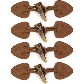 Chris.W Camel Leather Sew-On Toggles Closure with Wood Horn Button for Coat Jakcet, Set of 4