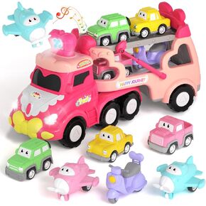 Toys for 1 2 3 Year Old Girl Truck, 7-in-1 Carrier Truck Cars Toys for Girl, Toddler Girls Toys Age 1-2 2-3, Princess Toy with Light & Sound, Easter Birthday Gifts for 1 2 3 Year Old Girls