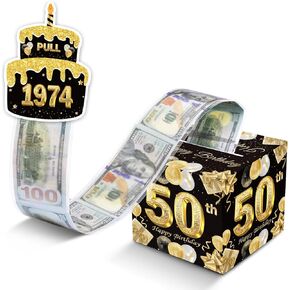 50th Birthday Money Box for Cash Gift, Black Gold Birthday Money Pull Box, 1974 Vintage Surprise Money Roll Gift Box with Pull Out Card Cash Holder, Supplies