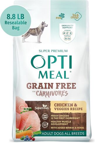 Optimeal Grain-Free Dog Food - Proudly Ukrainian - Balanced Dog Food Dry Recipe with Immunity Support, Non-Grain Dry Dog Food for All Dog Breeds (3.3 lbs, Chicken & Veggies) in Kuwait