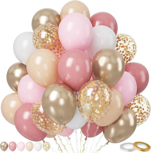 Paready Blush Pink Balloons Set, 50 Pcs Pink and Champagne Gold Balloons, 12 Inch Dusty Pastel Pink Apricot Metallic Gold Confetti Balloons For Boho Birthday Bridal Shower Bachelorette Party Supplies in Kuwait