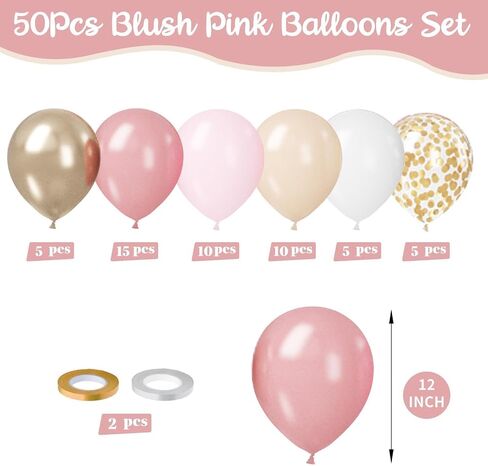 Paready Blush Pink Balloons Set, 50 Pcs Pink and Champagne Gold Balloons, 12 Inch Dusty Pastel Pink Apricot Metallic Gold Confetti Balloons For Boho Birthday Bridal Shower Bachelorette Party Supplies in Kuwait