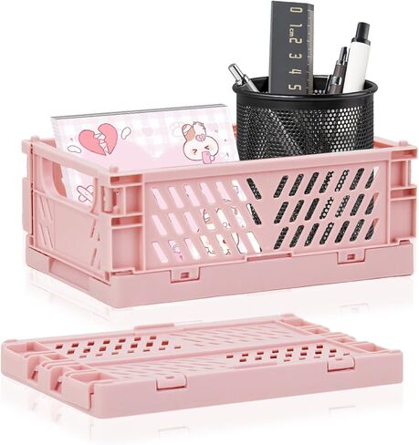 2-Pack Mini Creats Foldable Plastic Baskets ,Collapsible Storage Box for Organizing and Storag,Home Kitchen Bedroom Bathroom Office Tool (Blue, 5.9x3.8x2.2'') (PINK) in Saudi Arabia