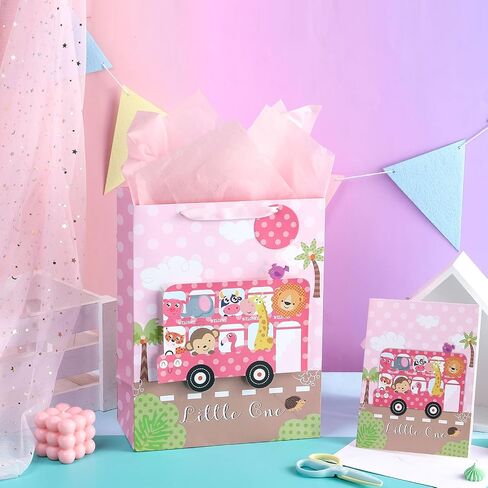 LeZakaa 16" Large Gift Bag with Tissue Paper, Gift Tag and Card, Khaki Bag with Bear in Bath and Welcome Baby Lettering Design for Unisex Baby Shower in Saudi Arabia