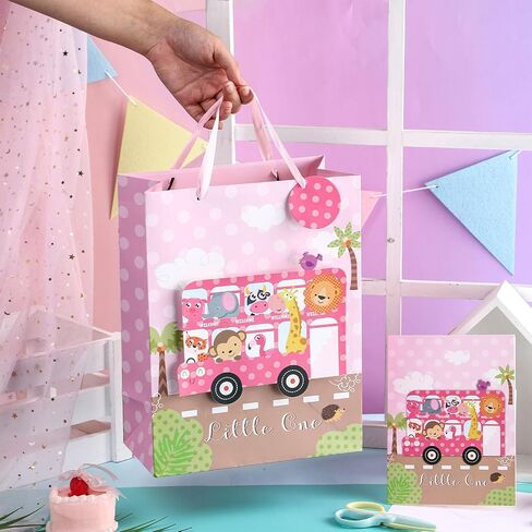 LeZakaa 16" Large Gift Bag with Tissue Paper, Gift Tag and Card, Khaki Bag with Bear in Bath and Welcome Baby Lettering Design for Unisex Baby Shower in Saudi Arabia