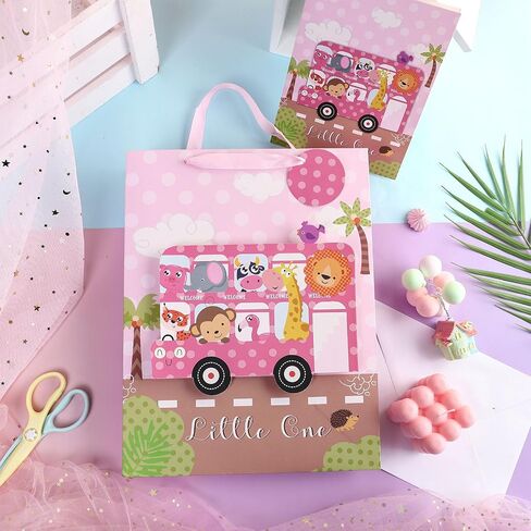LeZakaa 16" Large Gift Bag with Tissue Paper, Gift Tag and Card, Khaki Bag with Bear in Bath and Welcome Baby Lettering Design for Unisex Baby Shower in Saudi Arabia
