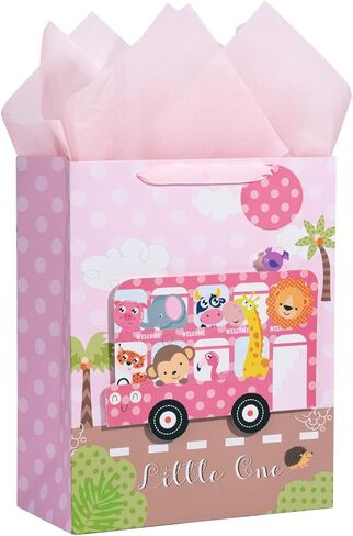 LeZakaa 16" Large Gift Bag with Tissue Paper, Gift Tag and Card, Khaki Bag with Bear in Bath and Welcome Baby Lettering Design for Unisex Baby Shower in Saudi Arabia