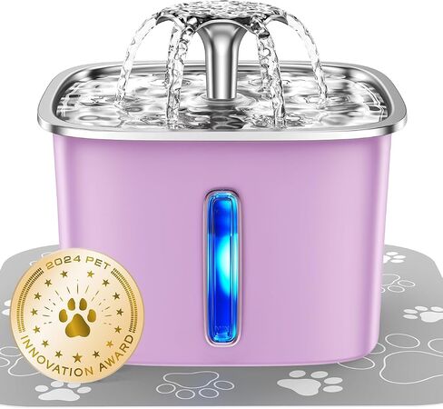 Veken Innovation Award Winner Stainless Steel Cat Water Fountain, 95oz/2.8L Automatic Pet Fountain Dog Water Dispenser with Replacement Filters & Silicone Mat for Cats, Dogs, Multiple Pets（Purple） in Kuwait