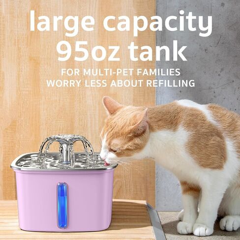 Veken Innovation Award Winner Stainless Steel Cat Water Fountain, 95oz/2.8L Automatic Pet Fountain Dog Water Dispenser with Replacement Filters & Silicone Mat for Cats, Dogs, Multiple Pets（Purple） in Kuwait