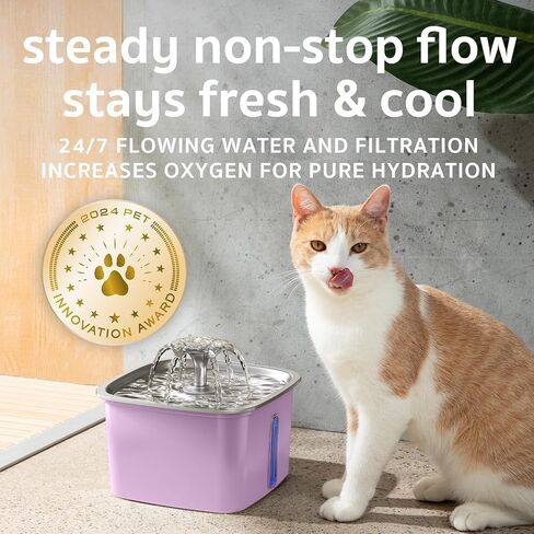 Veken Innovation Award Winner Stainless Steel Cat Water Fountain, 95oz/2.8L Automatic Pet Fountain Dog Water Dispenser with Replacement Filters & Silicone Mat for Cats, Dogs, Multiple Pets（Purple） in Kuwait