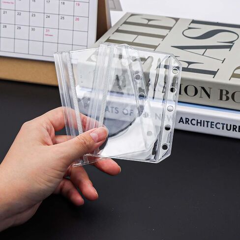 Mogoostry 12pcs A8 Binder Pockets Clear Ziplock Pocket 5 Holes Transparent Plastic Binder Pouches Flat Sealing Zipper Storage Bag Mini Cash Envelopes in Kuwait
