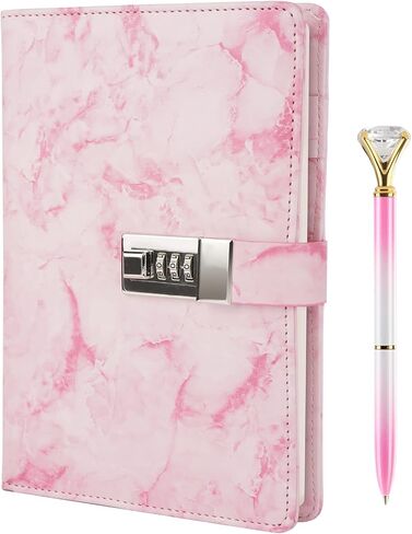 Marble Diary with Lock and Pen, Refillable A5 Daily Journal for Girls and Women, 192 Pages Cute Notebook with Combination Lock and Diamond Pen for Teen Girls and Boys - Pink in Saudi Arabia