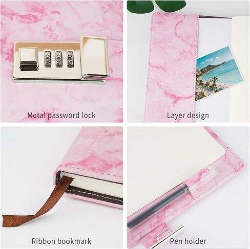 Marble Diary with Lock and Pen, Refillable A5 Daily Journal for Girls and Women, 192 Pages Cute Notebook with Combination Lock and Diamond Pen for Teen Girls and Boys - Pink in Saudi Arabia