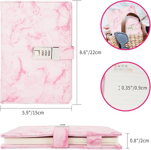 Marble Diary with Lock and Pen, Refillable A5 Daily Journal for Girls and Women, 192 Pages Cute Notebook with Combination Lock and Diamond Pen for Teen Girls and Boys - Pink in Saudi Arabia